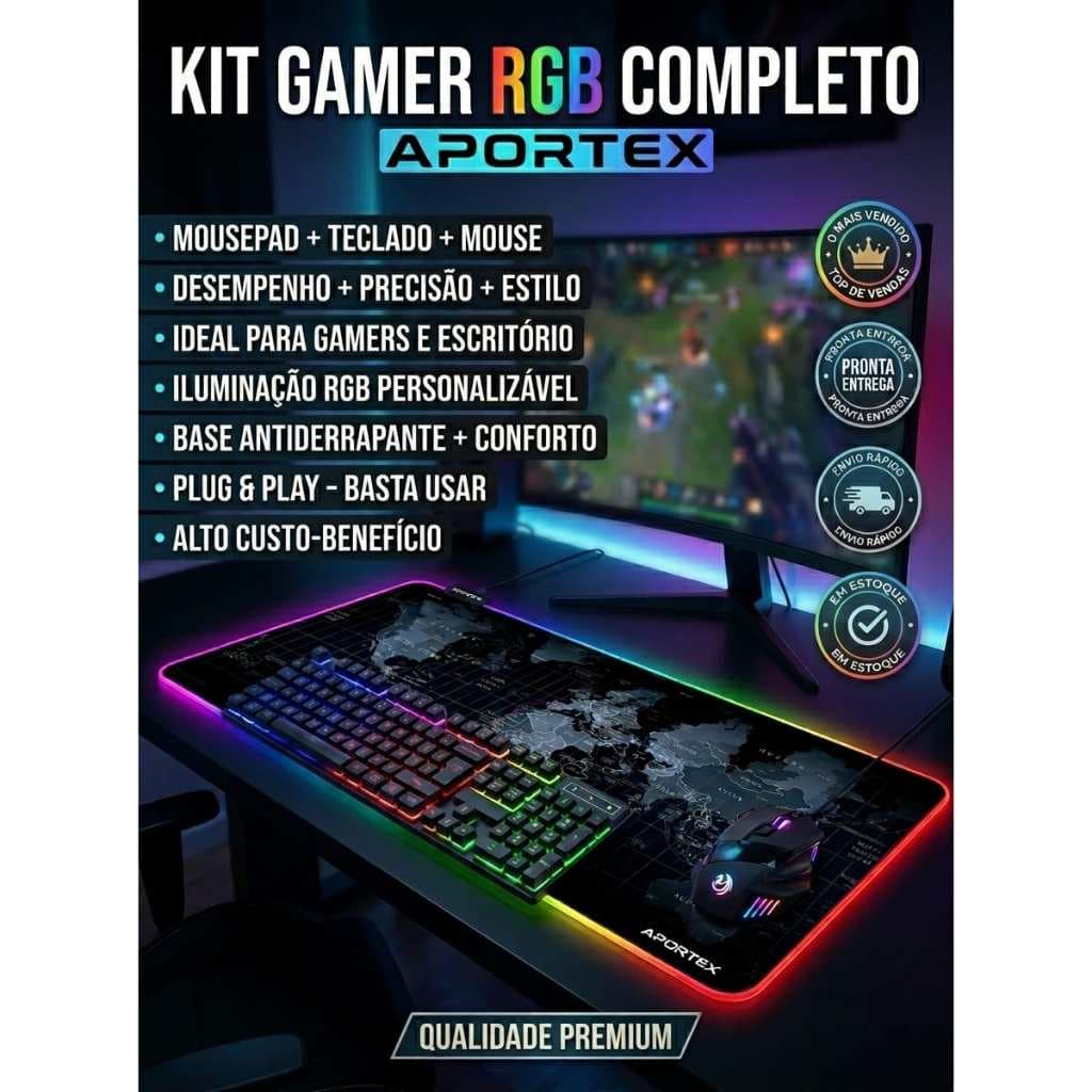 Kit 3 em 1 Gamer Teclado Semi-Mecânico Iluminado + Mouse RGB 3200 DPI + Mousepad 80x30cm Grande