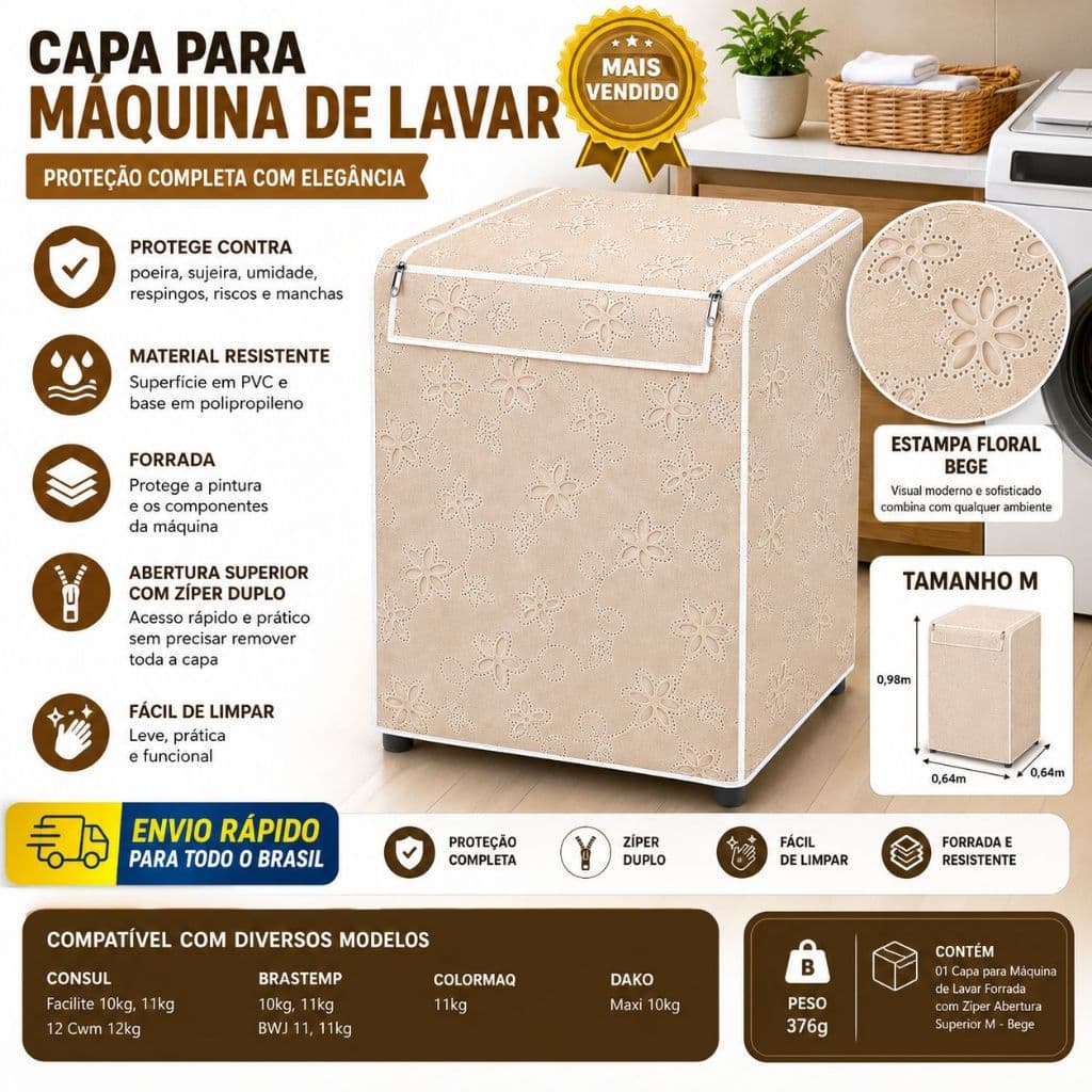 Capa Protetora Máquina Lavar M Forrada Zíper Abertura Superior Bege