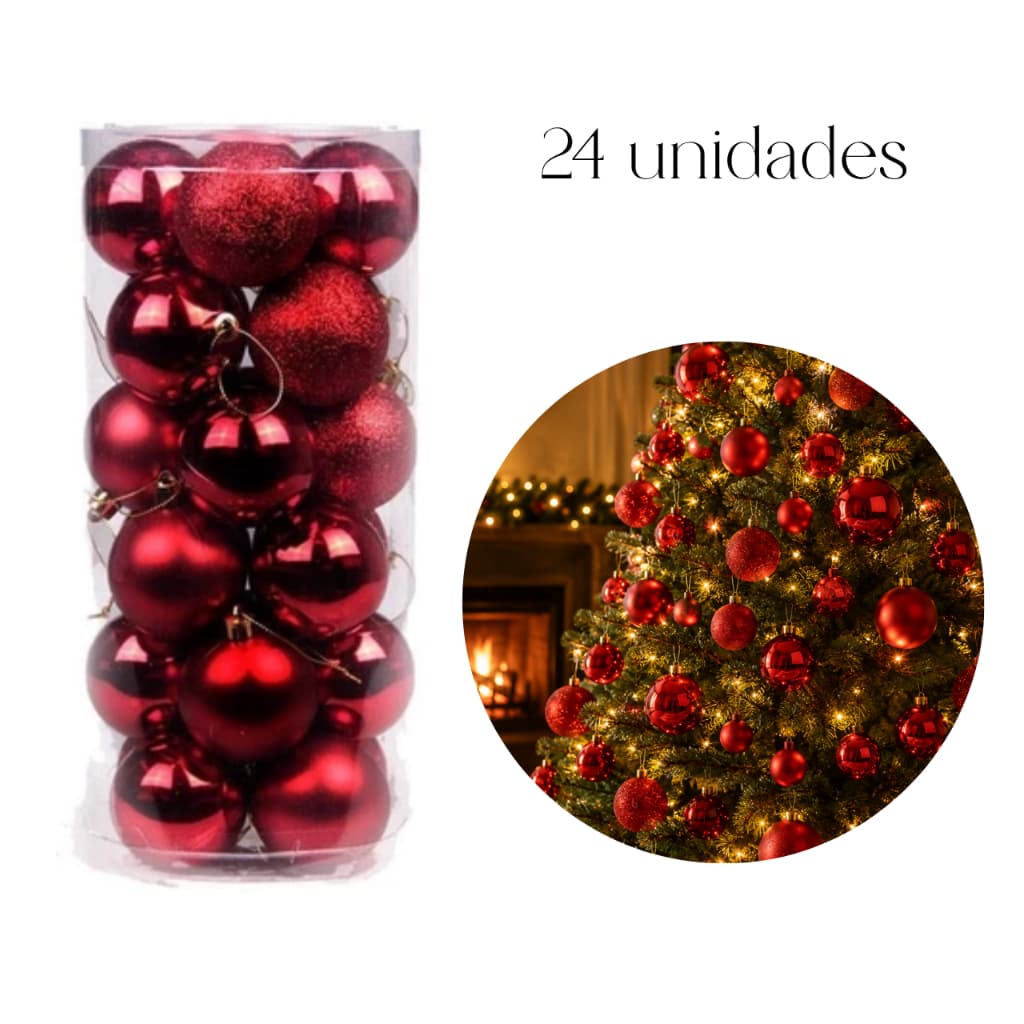 Kit Bolinhas de Natal 24 Unidades Enfeite Para Arvore 6cm Vermelha Glitter, Brilhante e Fosca