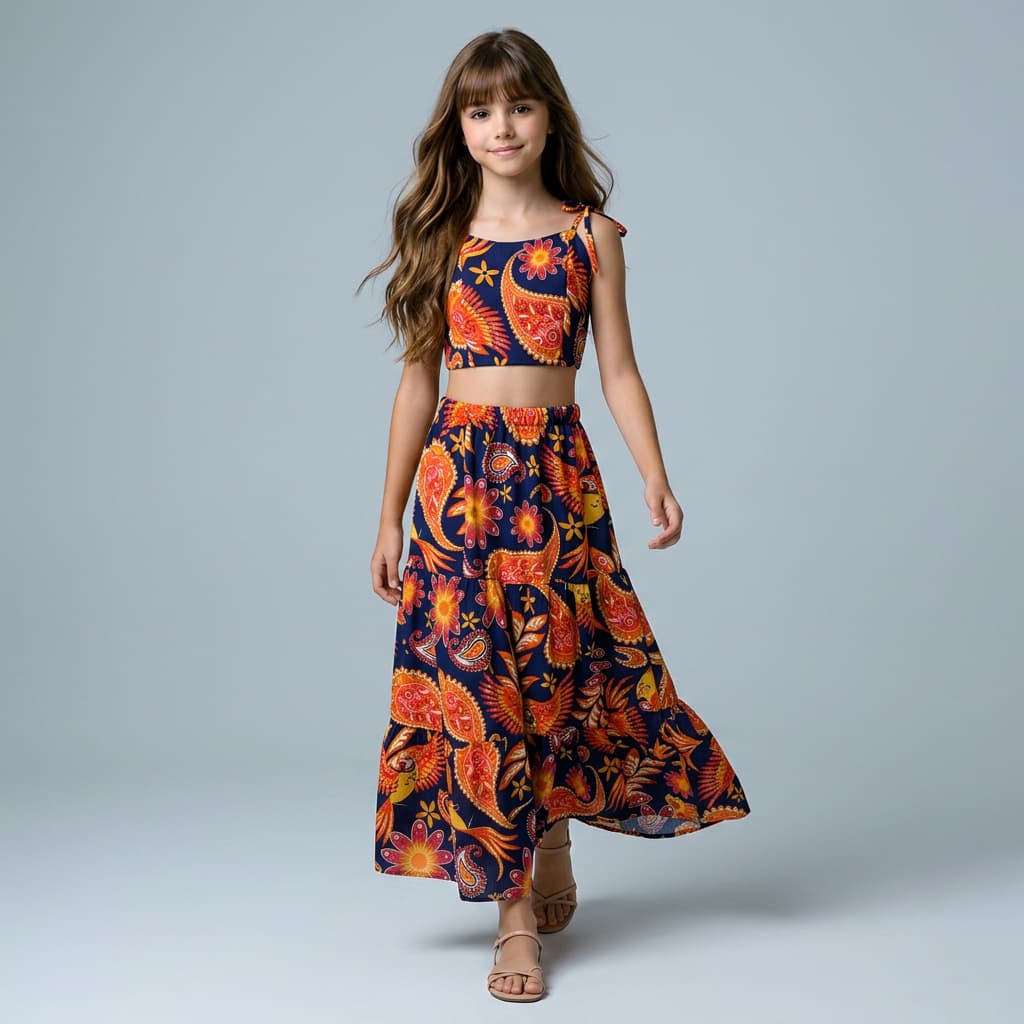 Conjunto Juvenil Milly Croped E Saia Elegante Moda Verão