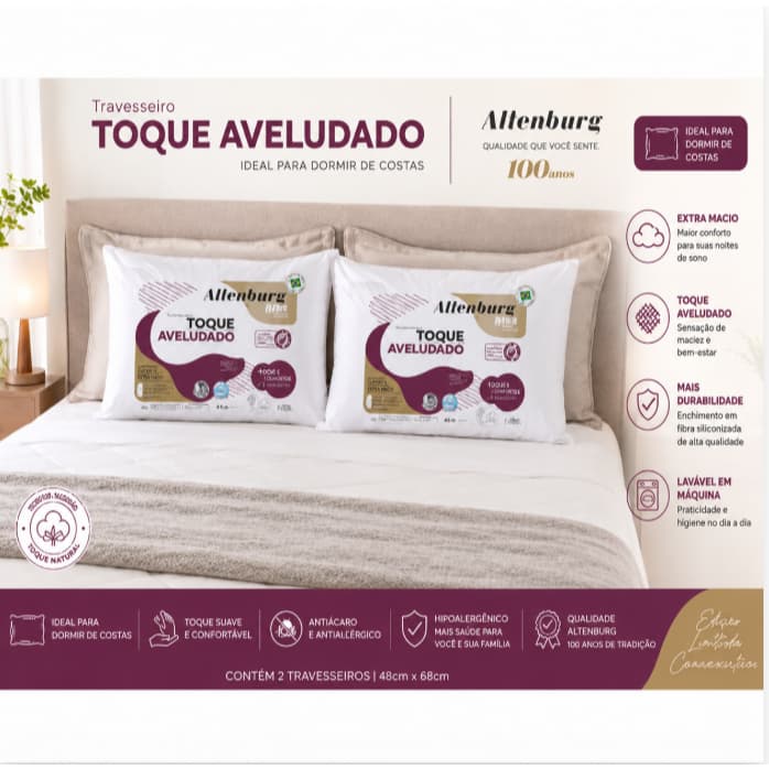 Kit 2 Travesseiros Altenburg Toque Aveludado 48x68 Extra Macio Antiácaro - Alterburg