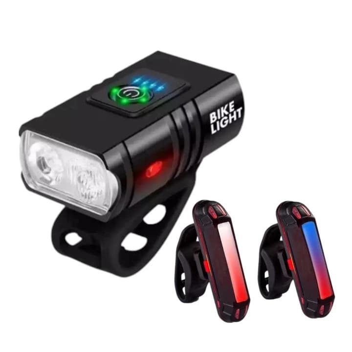Kit Farol Luz 2 Leds Prova D'agua Usb Recarregavel + Sinalizador Traseiro Bike Luz Led Recarregável