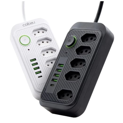 Extensão De Tomadas Filtro De Linha 5 Tomadas + 4 Usb E 1 Tipo C Cor Preto 127/220v