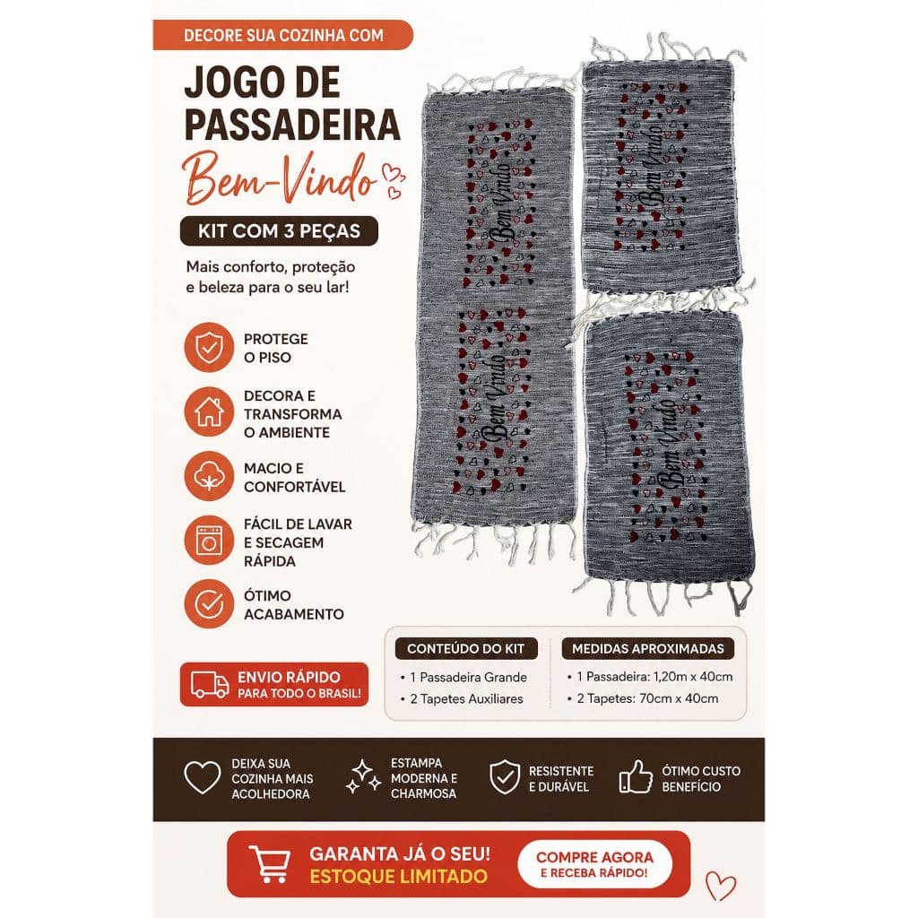 Jogo de Passadeira Cozinha 3 Peças Artesanal Confortável e Prático 100% Algodão