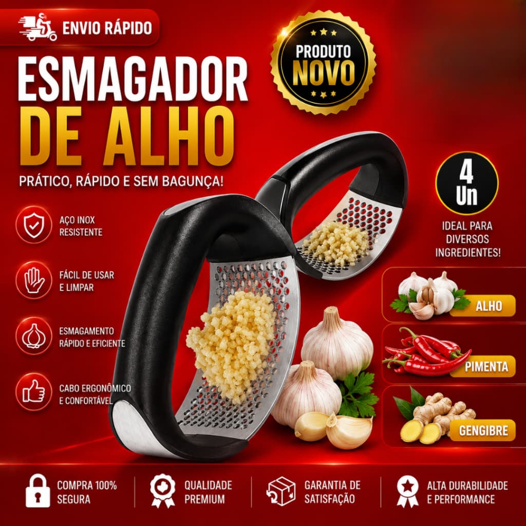 Kit 4 3 e 2Amassador de Alho Triturador Espremedor em Inox Manual Utensílio Cozinha Restaurante