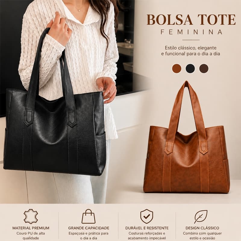 Bolsa Tote Feminina Grande Capacidade Couro PU Macio Bolsa de Ombro Casual Elegante Coreana para Trabalho Faculdade