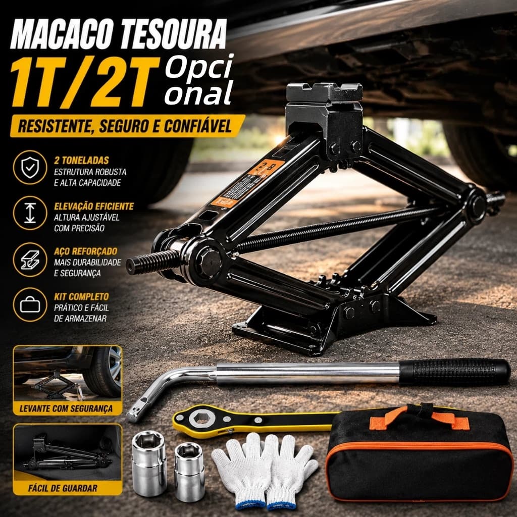 Macaco Sanfona Automotivo 1,5T/2T Universal Kit Completo para Troca de Pneu Carro Emergência