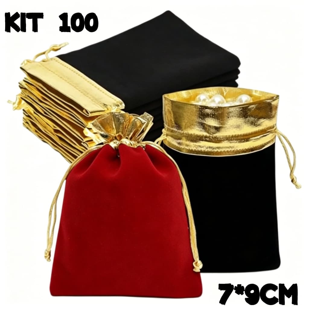 Saquinho De Veludo para Jóias E Acessórios 7x9cm 100 Unidades, Preto ou Vermelho
