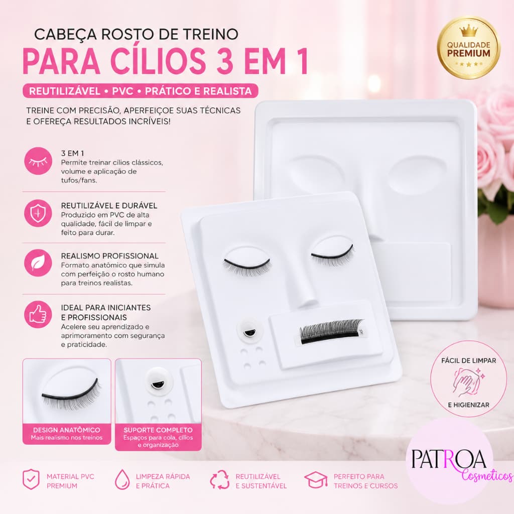 Cabeça Rosto De Treino Para Cilios 3 Em 1 Reutilizável Pvc