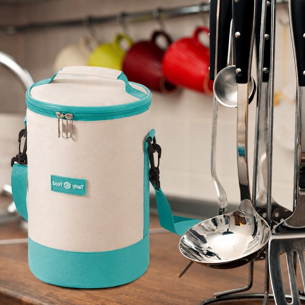 Bolsa Térmica Porta Marmita 4L Cilíndrica Impermeável com Alça Ajustável para Trabalho Escola e Viagens