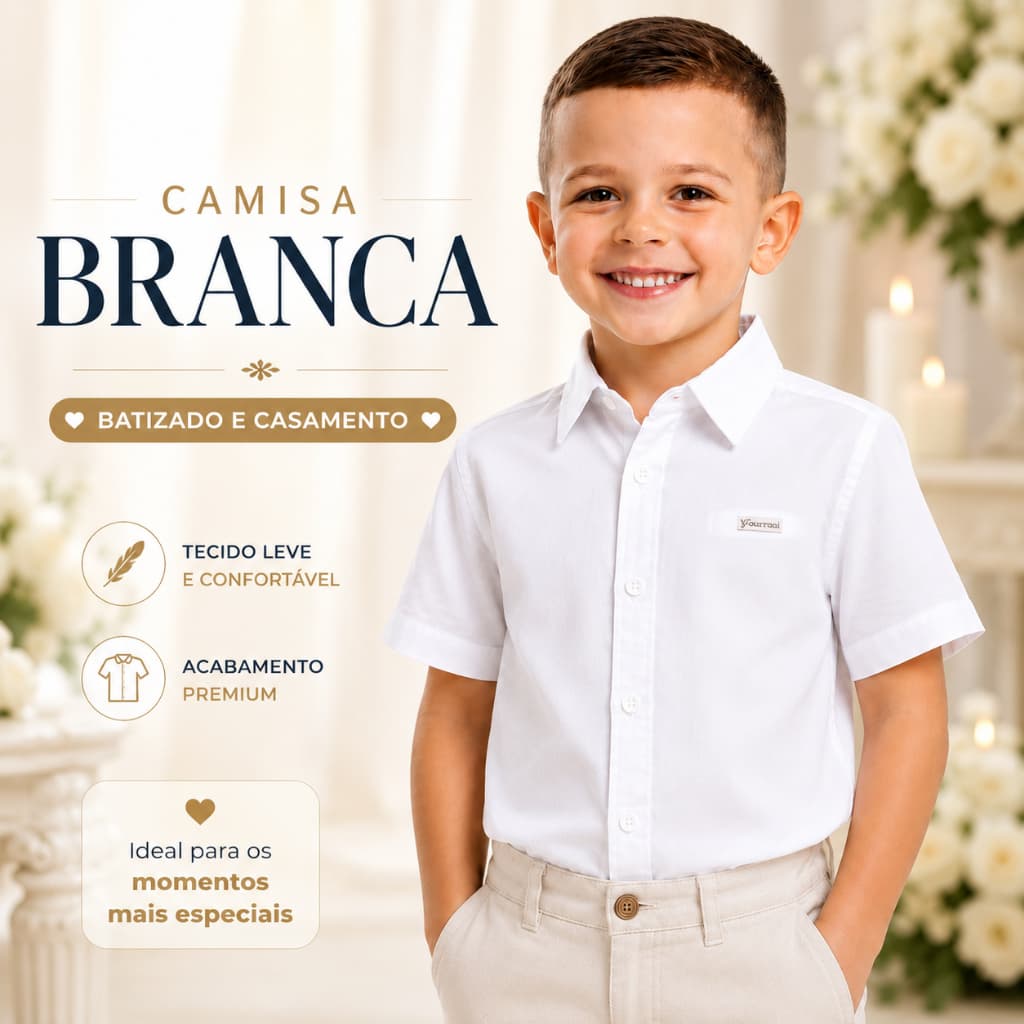 Camisa Social Infantil Branca Menino Manga Curta Pajem Casamento Batizado