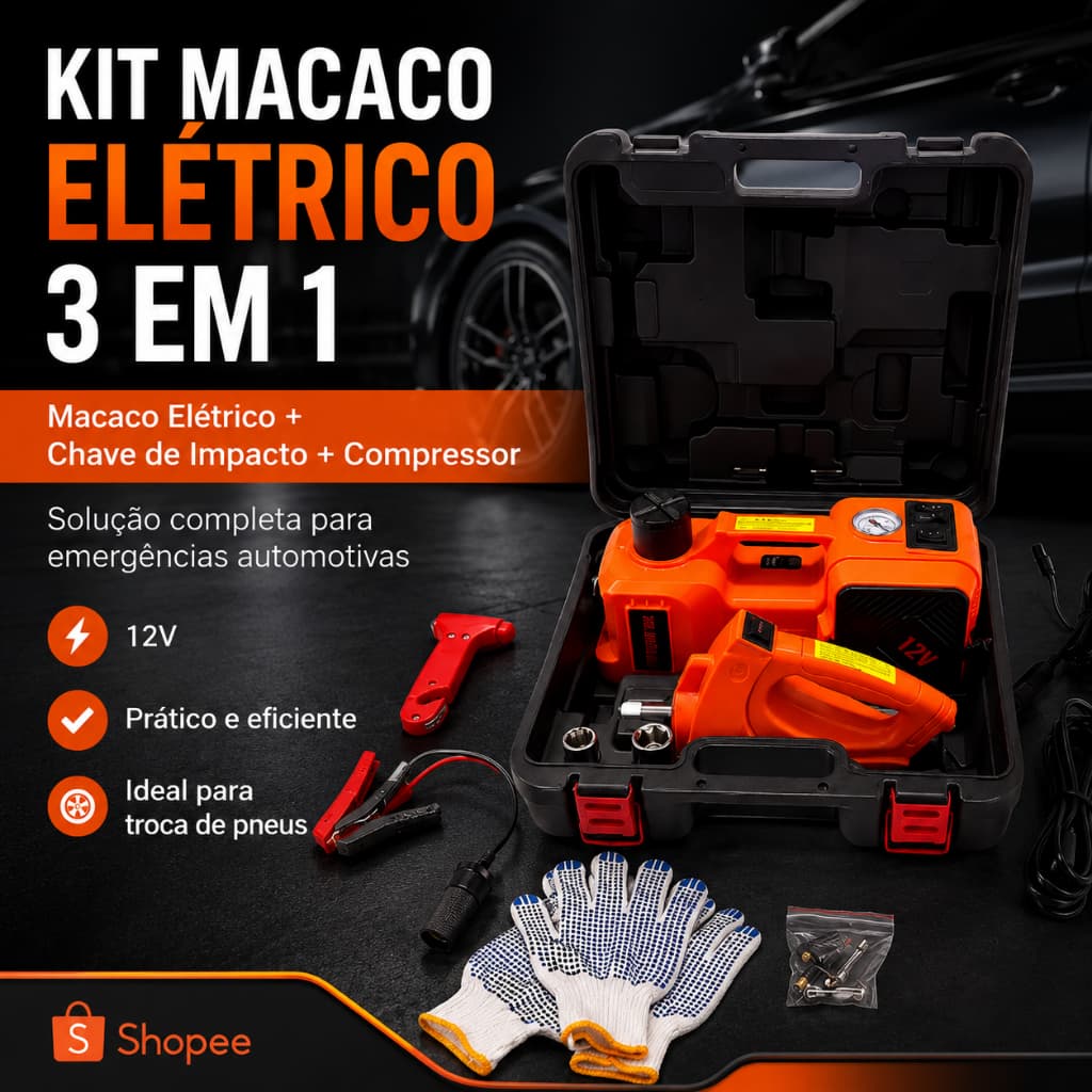 Kit Macaco Elétrico Hidráulico 12V 5T 3 em 1 Compressor Chave de Impacto Troca Pneu