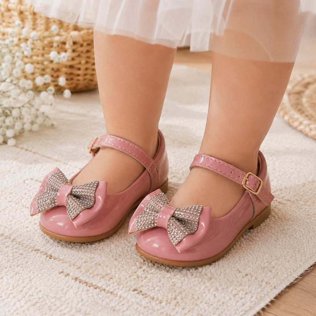 Sapatilha Bebê Menina Verniz com Laço Strass Luxo Elegante