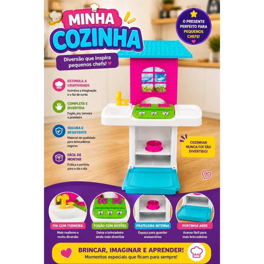 Cozinha Infantil Fogão Forno e Pia Lua de Cristal com Acessórios e Torneira com Água Funcional