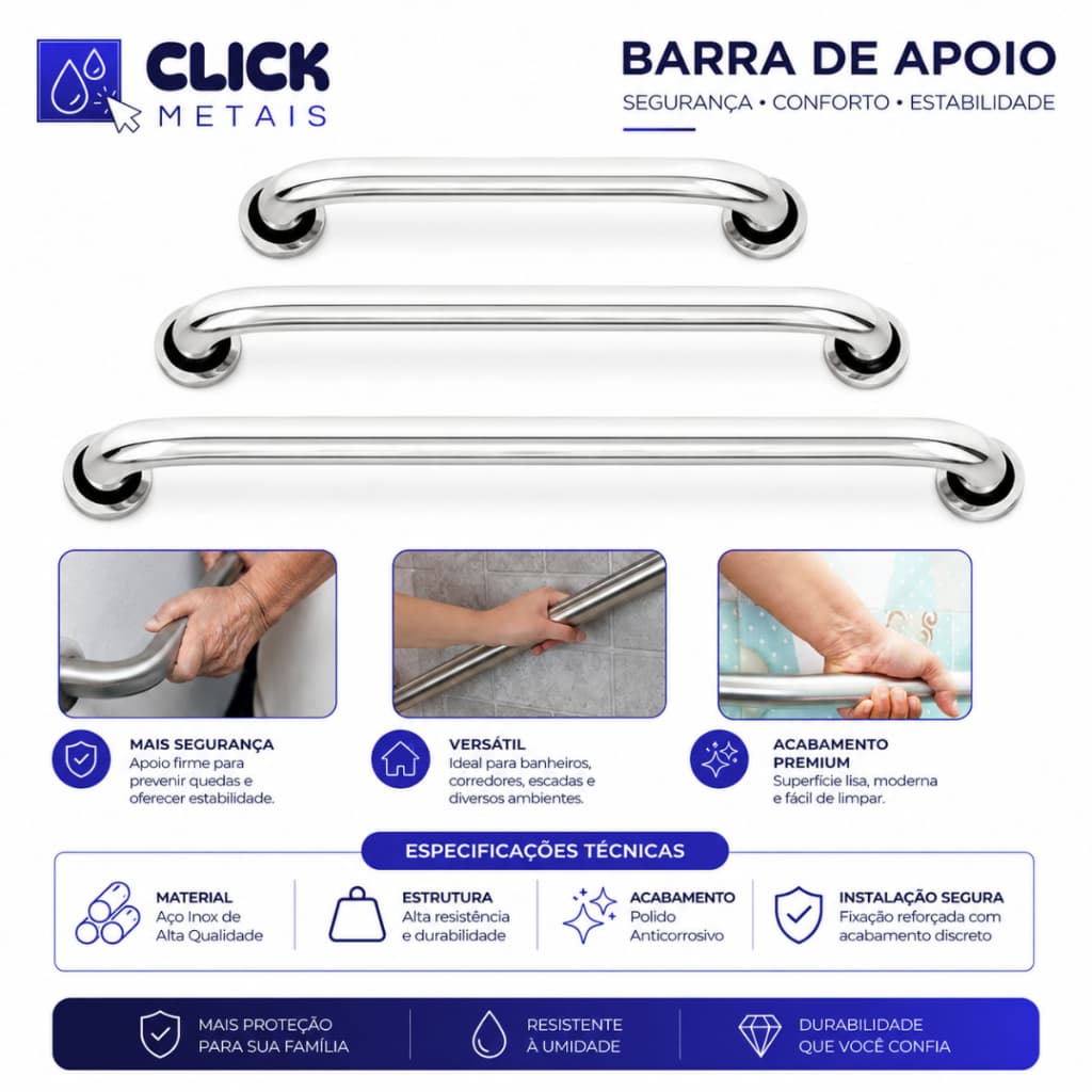Kit 3 Barras Apoio PNE Alça Suporte Banheiro Segurança Proteção Idoso Deficiente 60cm 50cm 40cm