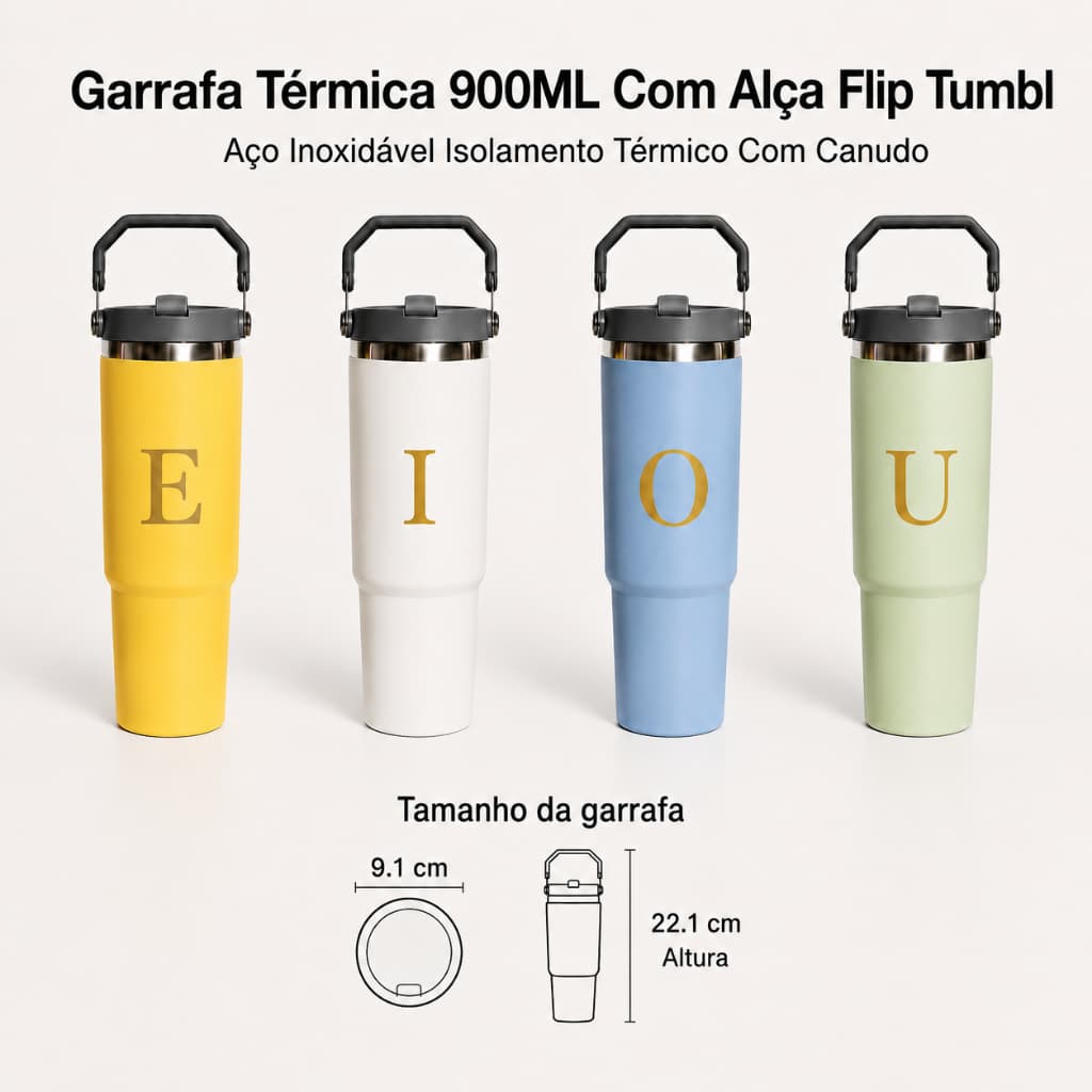 Garrafa Térmica 900ML Personalizada Inicial Alça Flip Tumbl Aço Inoxidável Com Canudo Academia Trabalho Caminhada
