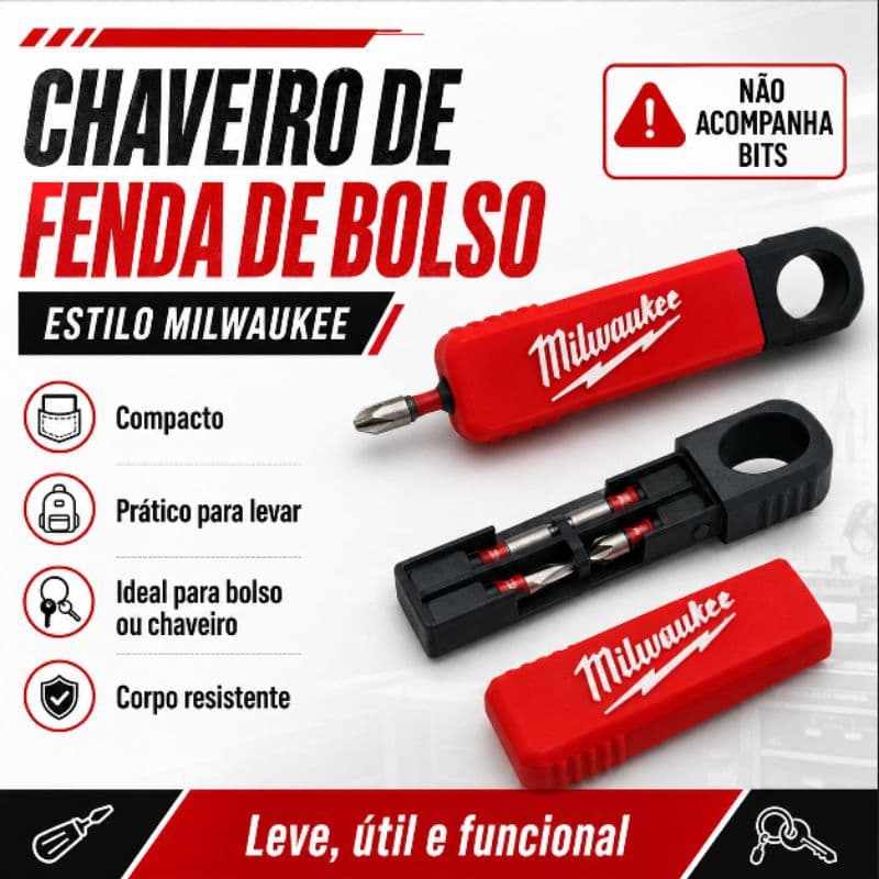 Chaveiro Chave de Fenda de Bolso Porta-Bits Estilo Milwaukee Impressão 3D- NÃO ACOMPANHA OS BITS