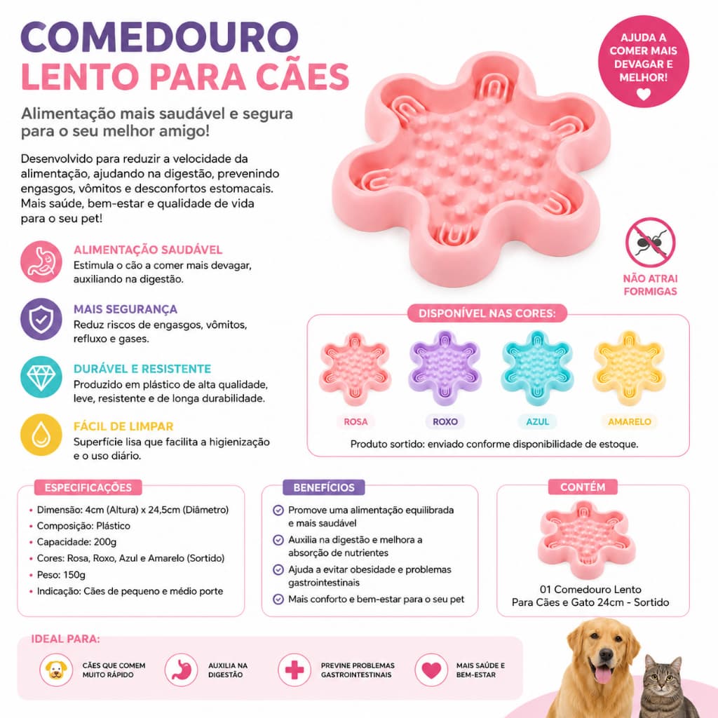 Comedouro Lento para Cachorro e Gato Anti Engasgo 24,5cm Alimentação Saudável