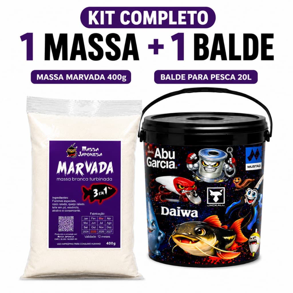 Kit Balde De Pesca 20 Litros Personalizado + Massa Japonesa Marvada Branca Turbina 400g