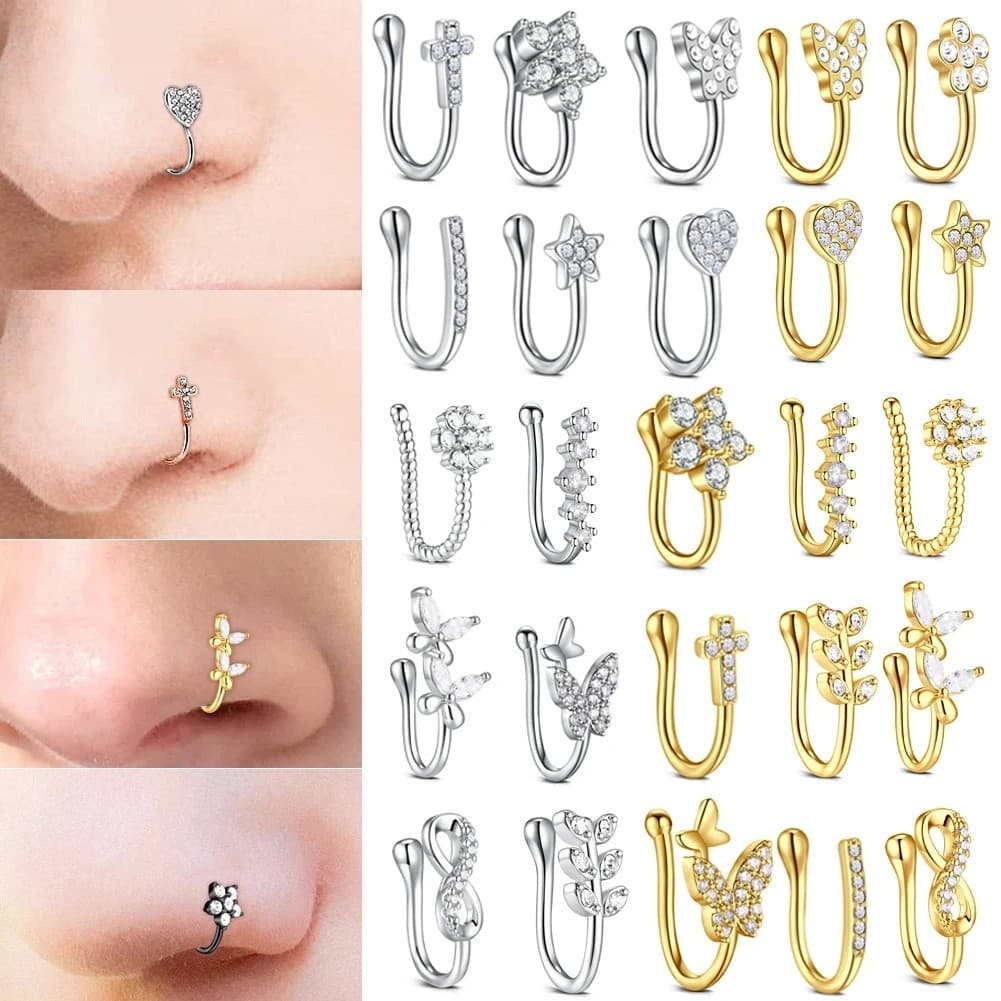 Feeling 316L Falso Moda 3 PÇS Piercing de Nariz em Formato de Coração, Estrela e Coroa com Clipe U - Estilo Único