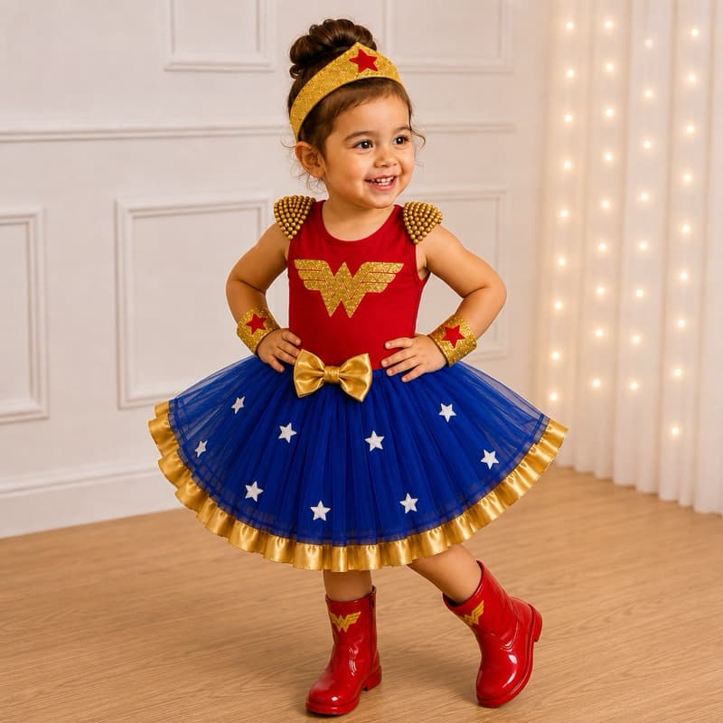 Fantasia Mulher Maravilha Infantil Luxo Completa Collant Bailarina, Saia de Tule, Tiara e Braceletes