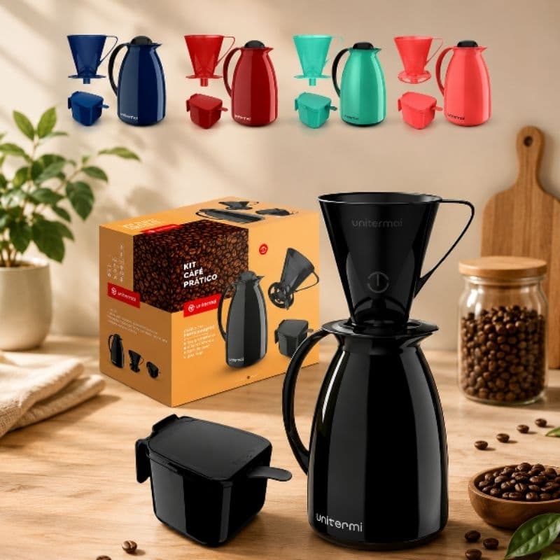 Kit Café Prático 3 Peças com Garrafa Térmica 650ml Suporte para Filtro Açucareiro e Colher