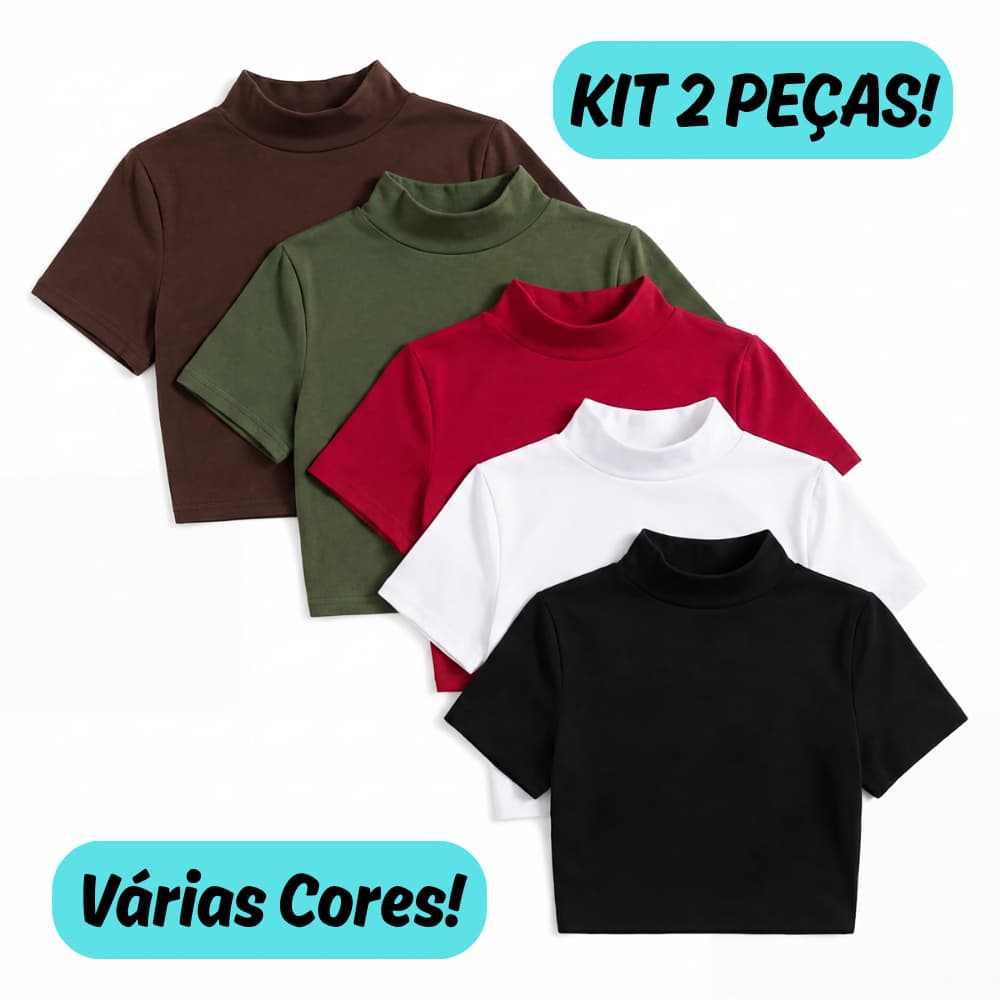 KIT 2 Cropped Blusinha LISA, Gola Alta Manga Curta - Básica Blogueira Alternativa Feminina Casual