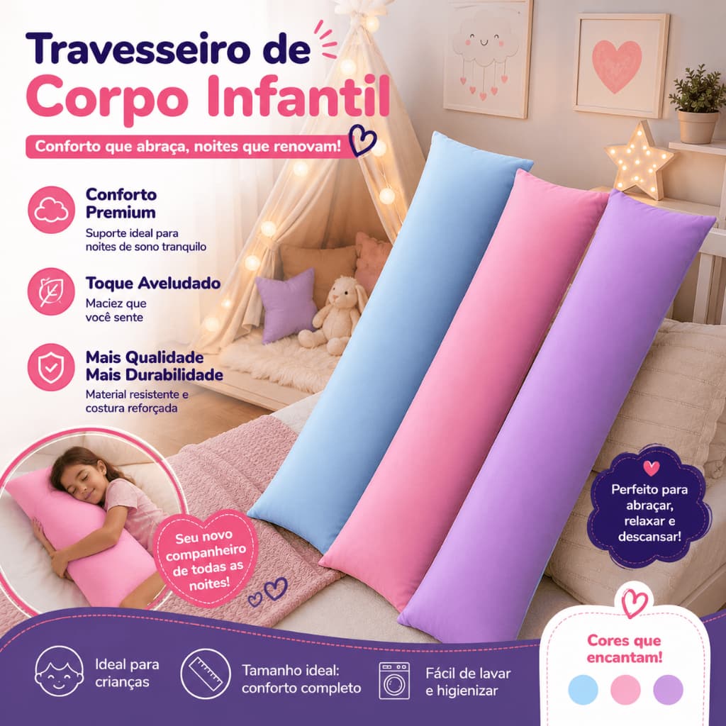 Travesseiro de corpo Xuxão Infantil e Adulto ou fronha avulsa 90 cm x 30 cm Desenhos e Cores Lisas