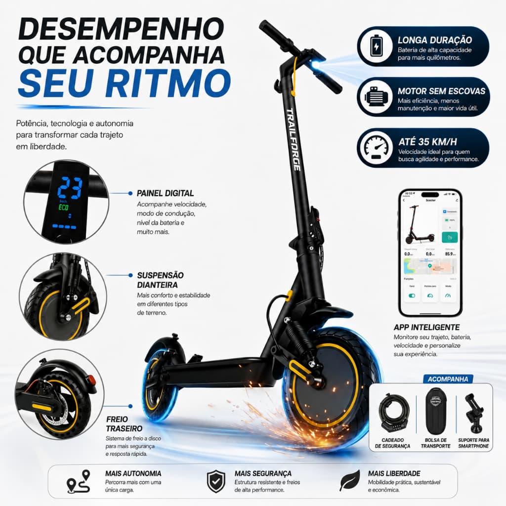 Trailforge T1 Patinete Elétrico Adulto 10 Polegadas 800W Bateria 10.4AH Autonomia 40km Bluetooth App