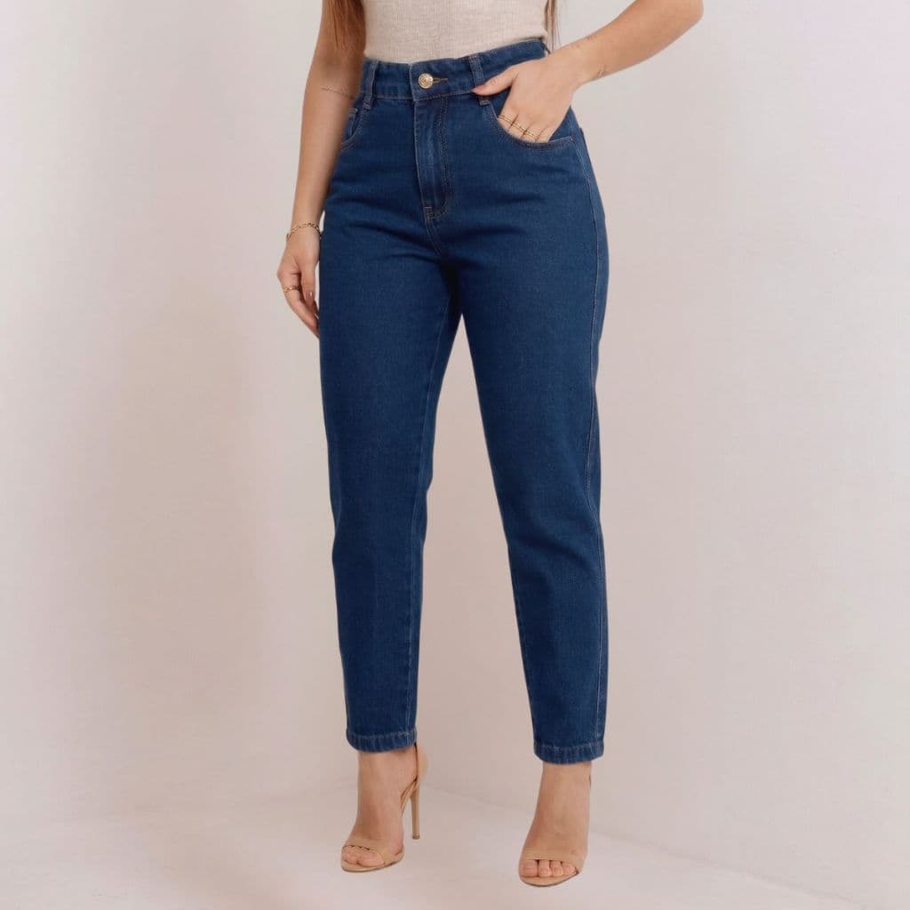 Calça Jeans Mom Feminina Cintura Alta Tecido Premium Azul Escura