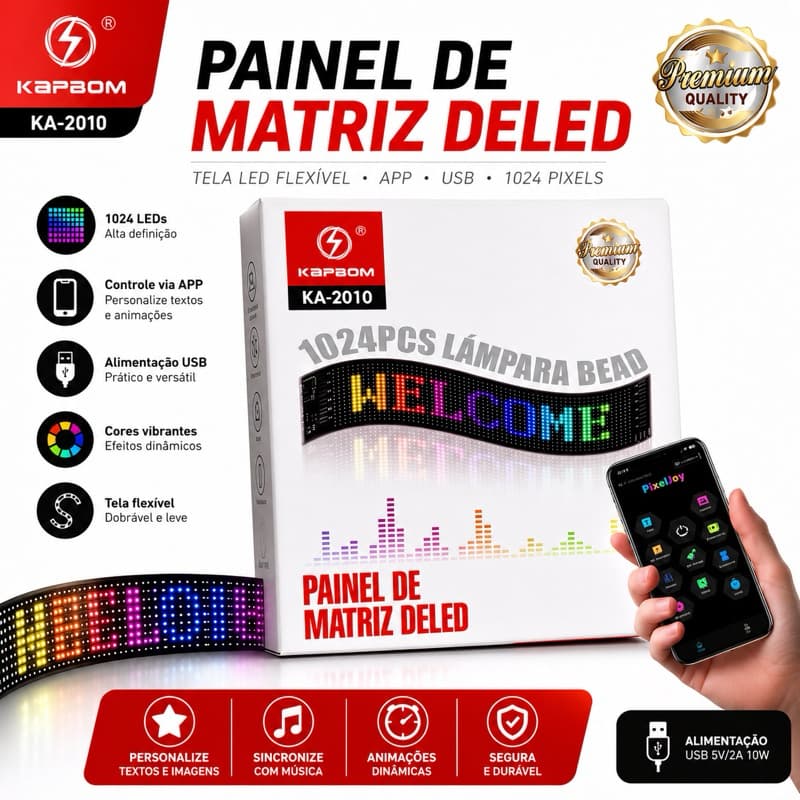 Painel de Matriz LED RGB Kapbom KA-2010 – Tela LED Programável para Carro, Loja e Decoração