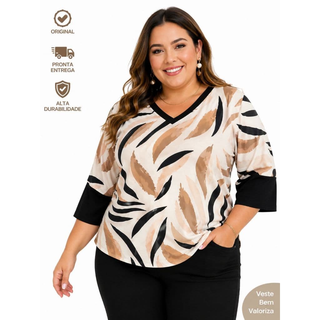 Blusa Feminina Plus Size Estampada Manga 3/4 Gola V Viscolycra Elegante Confortável Premium