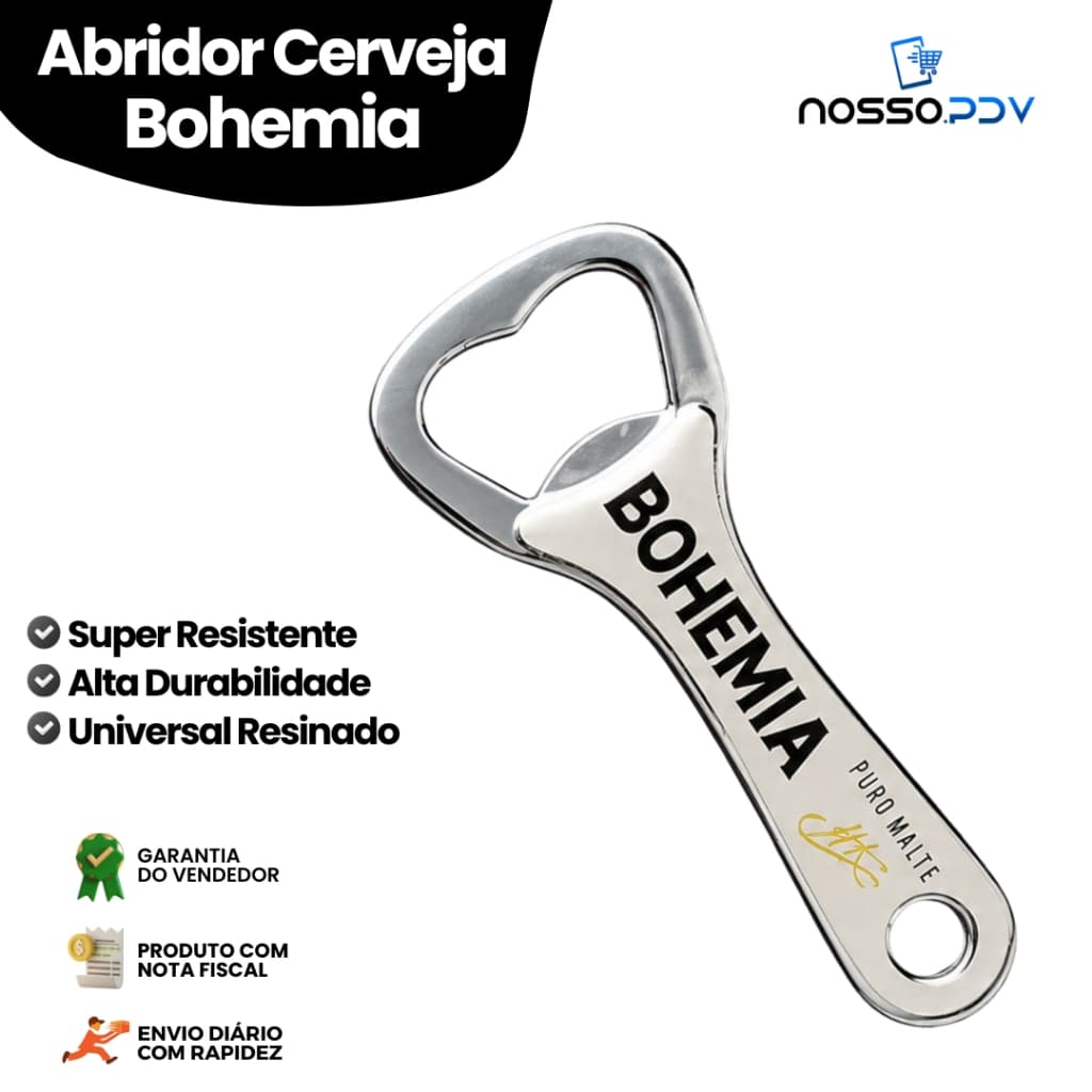 Abridor de Garrafa Bohemia em Aço Inox 10cm Para Cerveja, Refrigerante, Bar e Cozinha