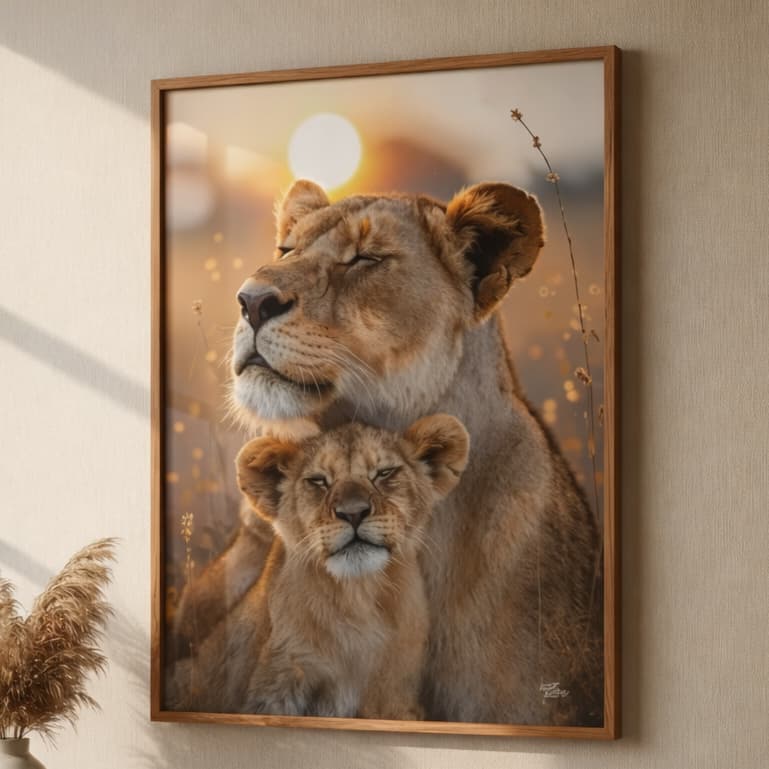 Quadro Decorativo Leoa e Filhote 90x60 cm Vidro Moldura Madeira Luxo Sala Animais Qualidade