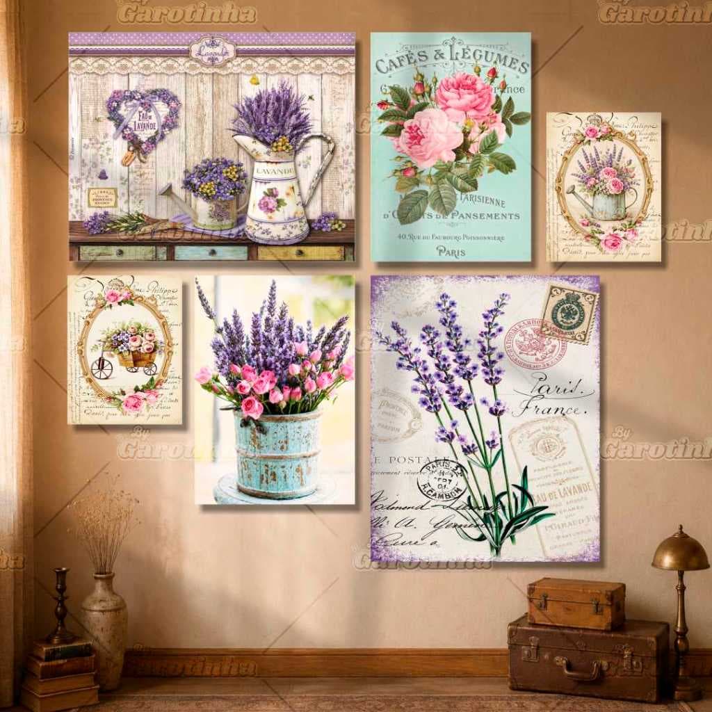 Kit de 6 Quadros Decorativos Floral Vintage Retro para Decoração de Parede Casa Quarto