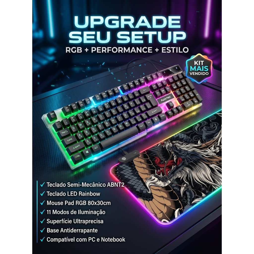 Combo Gamer Aportex Teclado Semi Mecânico Iluminado + Mousepad Dragão 80x30cm