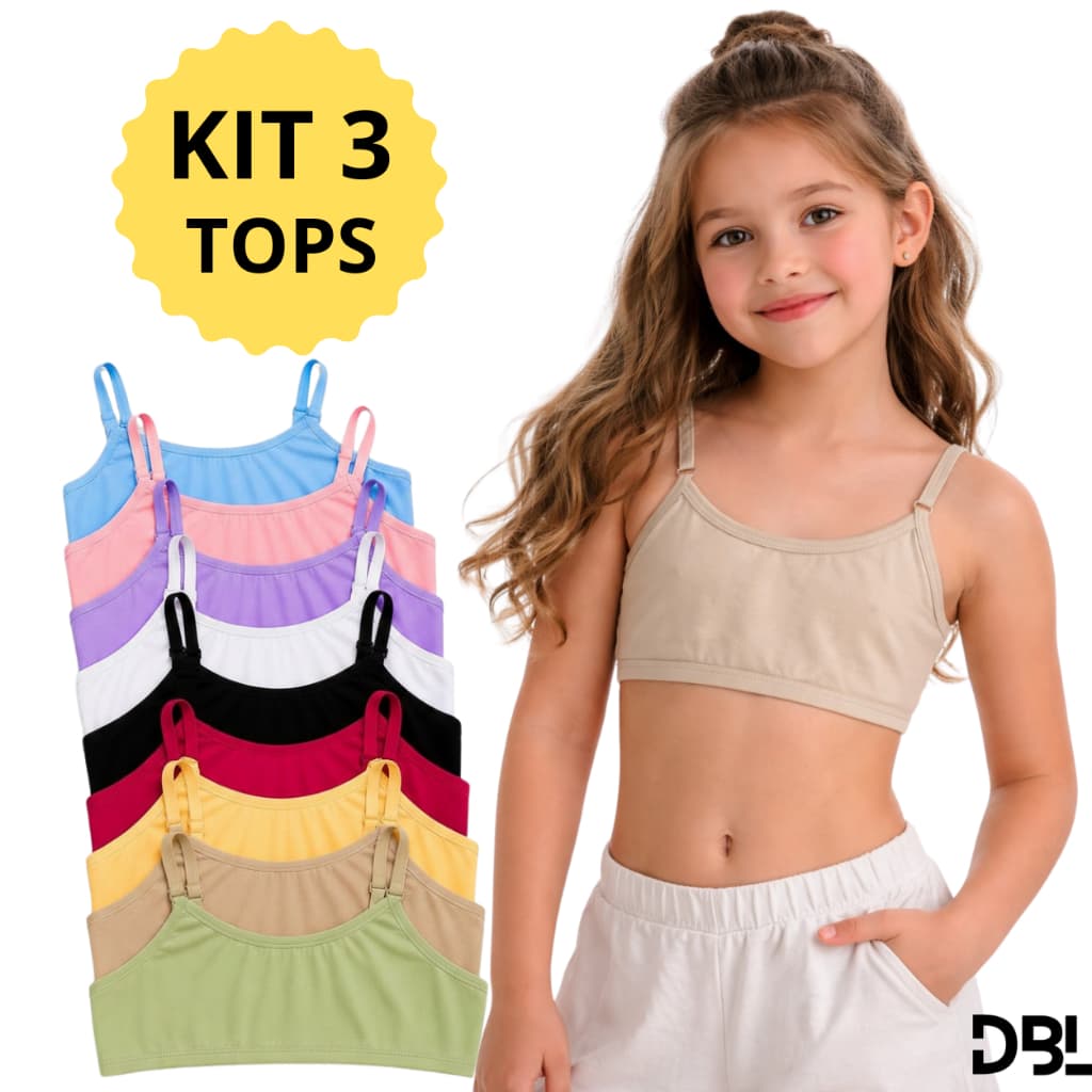 Kit 3 Top Infantil Juvenil Teen Menina Algodão Sutia Sem Bojo Alça Ajustavel Básico Usar Uniforme