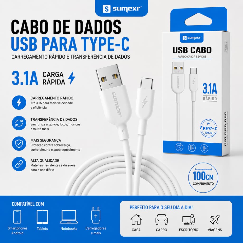Cabo USB Tipo-C 3.1A Carregamento Rápido 1 Metro Para Celular Android Iphone Branco Preto