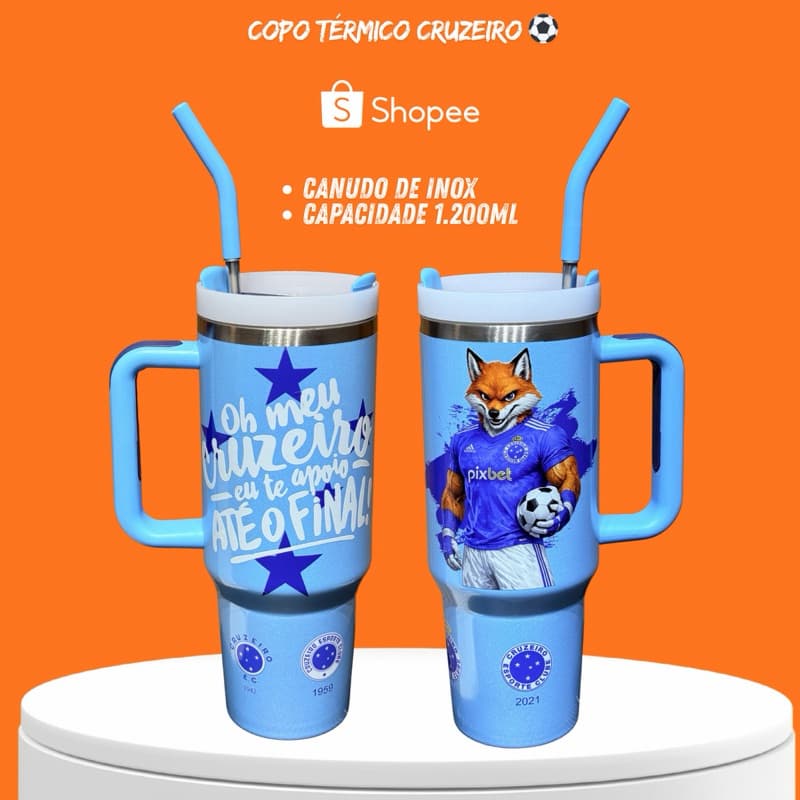 🔵 Copo Térmico Cruzeiro - Capacidade 1.200ml Com Canudo em Inox e Case de Silicone Anti Impacto - Edição Limitada 🔵⚽️