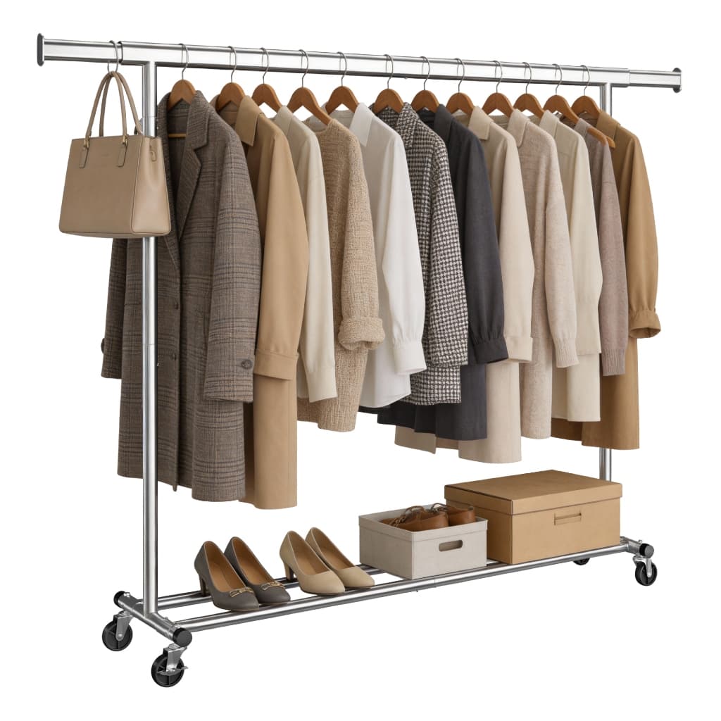 SONGMICS Arara de Roupas Portátil com Rodas, Cabideiro Extensível para Quarto, Suporte Resistente, Prata, 150 kg