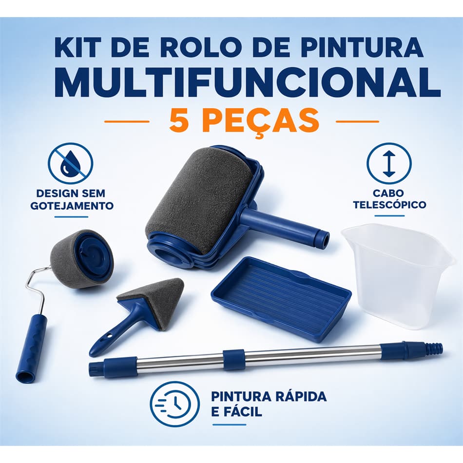 Kit Rolo de Pintura Multifuncional 5 Peças Cabo Telescópico Sem Gotejamento