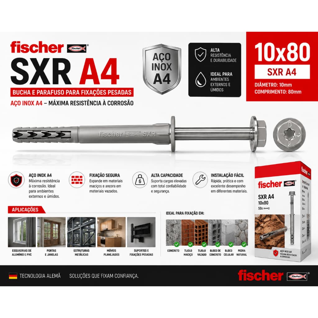 Bucha Parafuso Fischer Sxr 10x80 A4 Inox Concreto Tijolo 50u