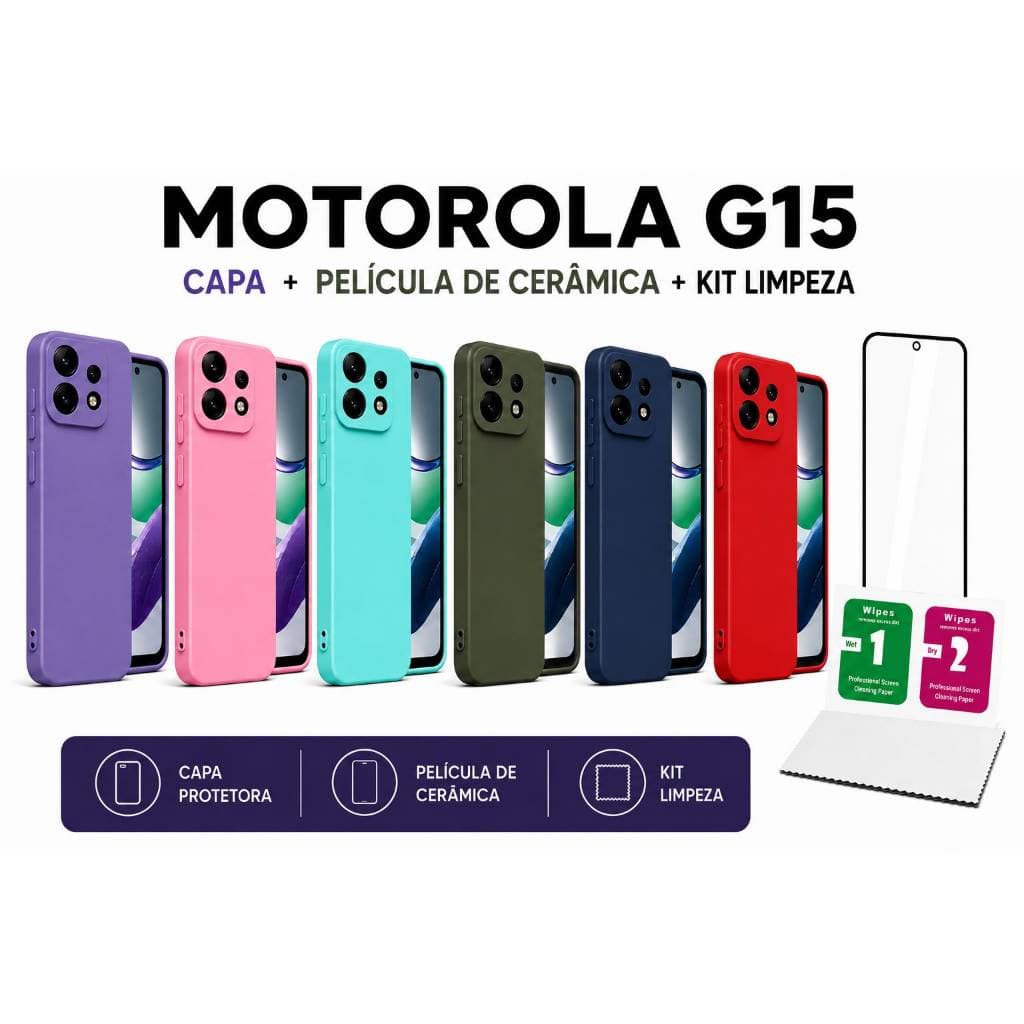 Motorola G15 | Kit Capinha Premium + Película Cerâmica 9D