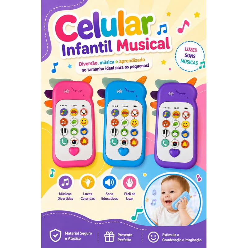 Telefone Celular Mordedor Infantil Para bebê Com Musica e Luz Educativo