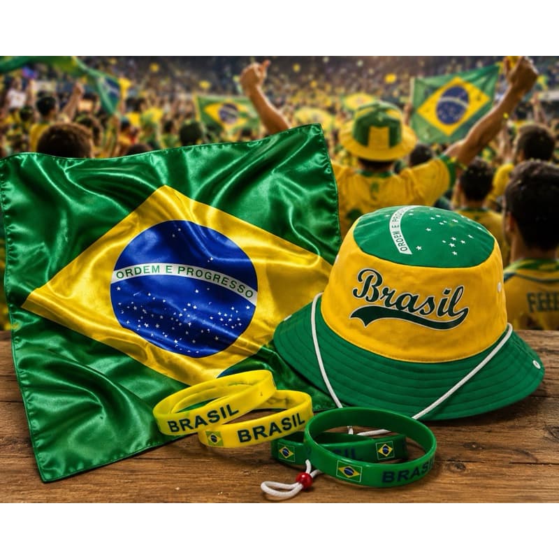 Kit Torcida Brasil Completo – Bandeira + Chapéu + Pulseira