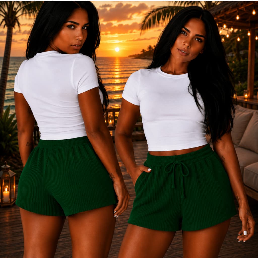 Shorts Feminino Canelado Cintura Alta Com Cordão Ajustável Elástico Confortável