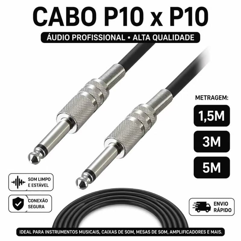 Cabo P10 1,5m-Para Guitarra Violão Contra Baixo Teclado Amplificador