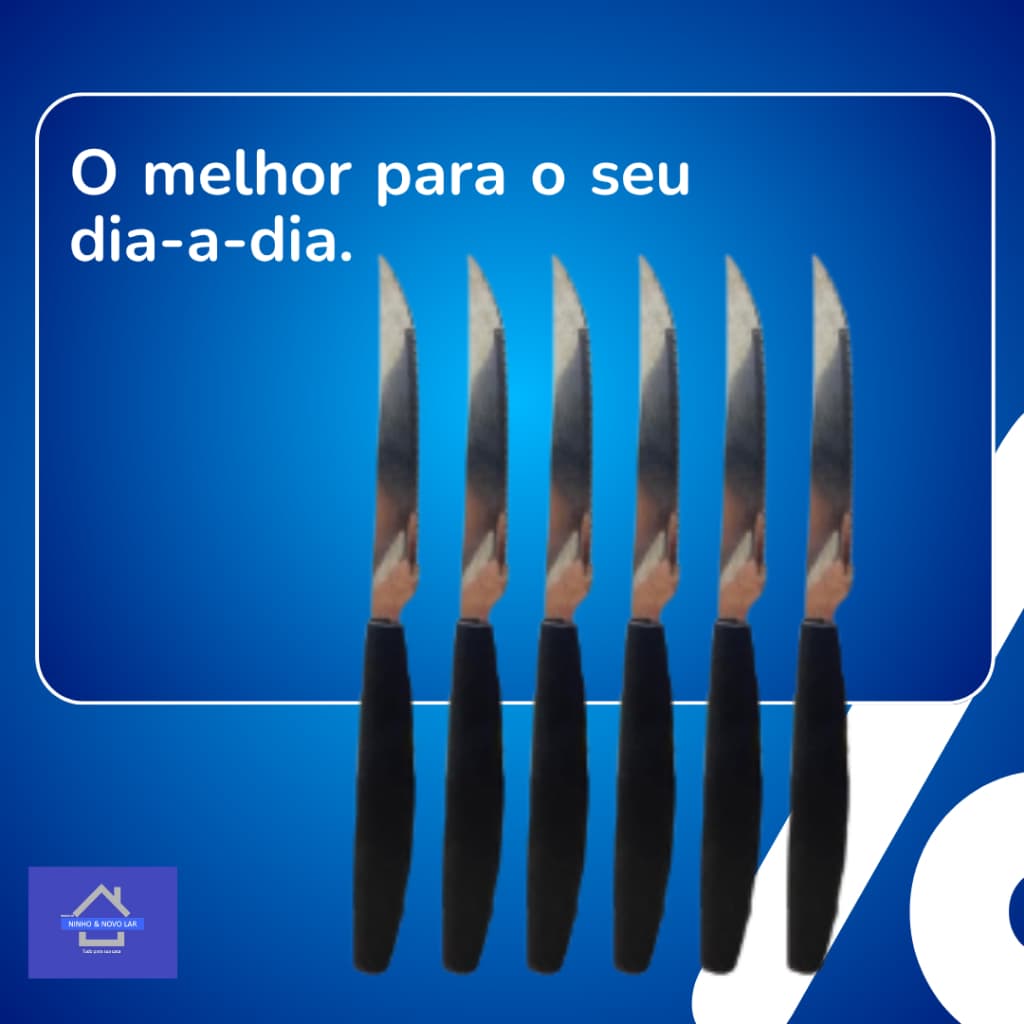 Kit 6 Facas de Mesa Inox Cabo Preto Linha Mato Grosso Serrilhada 6 Peças