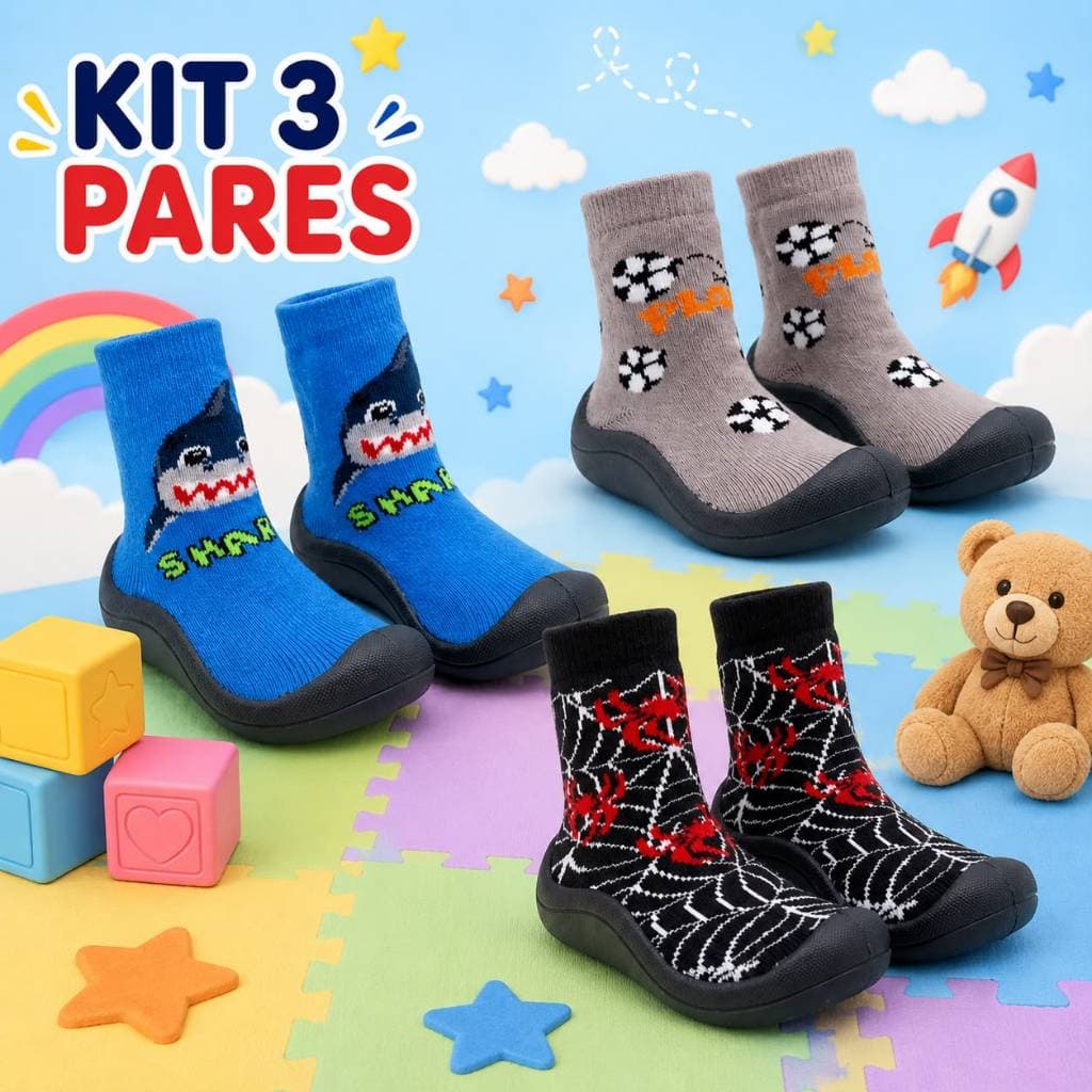 Kit 3 pares Tênis Meia infantil Solado Antiderrapante, flexivel e Super Confortável