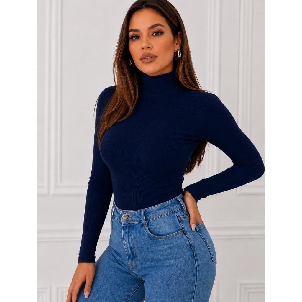Blusa quentinha manga longa gola alta cacharrel outono inverno segunda pele canelado ribaninha 019